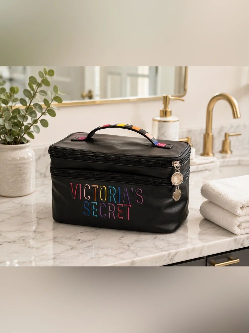 Victoria’s Secret Rainbow Logo Double Zip Train Case Makeup Bag Black Cosmetic